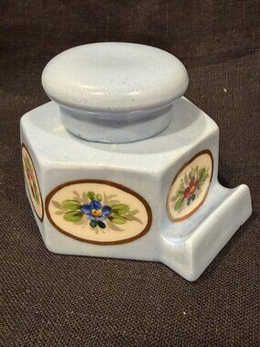 Portugal Hand Painted 3 Piece Inkwell Light Blue Floral